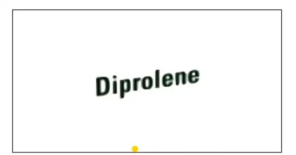 Napis "Diprolene" na białym tle. Mały żółty okrąg na dole.