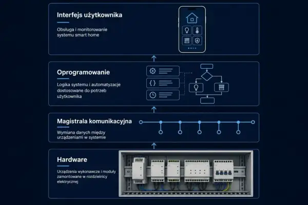 Schemat systemu smart home: interfejs, oprogramowanie, magistrala komunikacyjna i hardware. Wszystko działa jak dobrze naoliwiony comboterol.