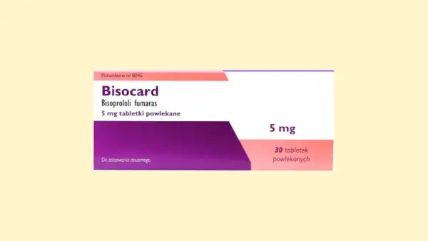 Opakowanie leku Bisocard 5 mg, zawierające 30 tabletek powlekanych. Stosowany doustnie.